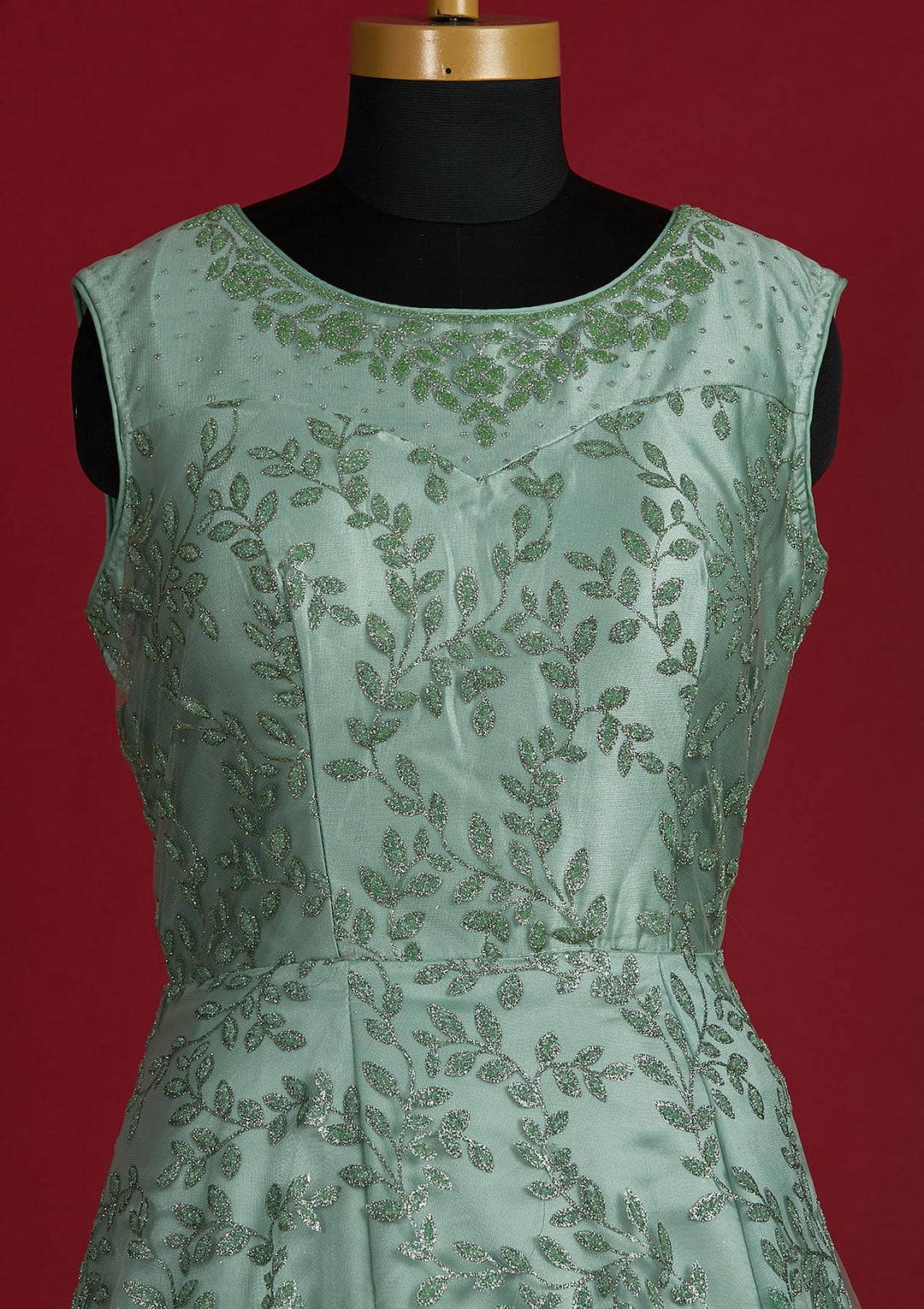 Pista Green Glitter Net Designer Gown - Koskii
