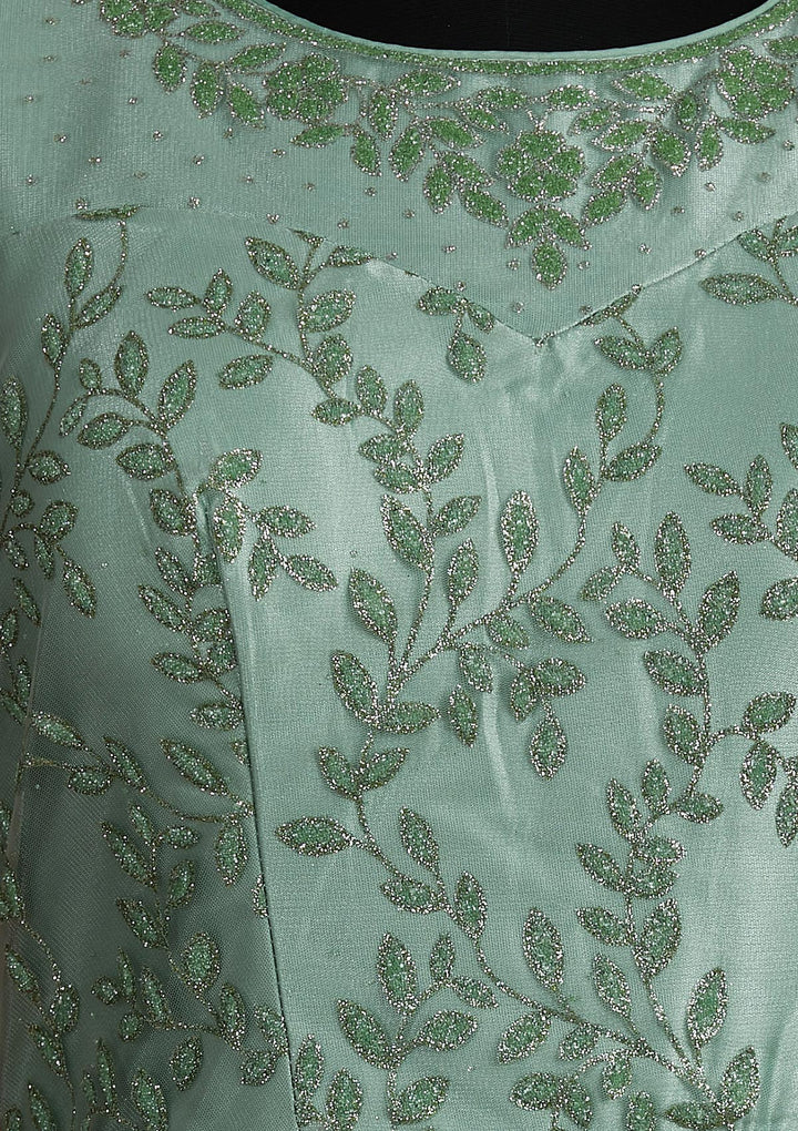 Pista Green Glitter Net Designer Gown - Koskii