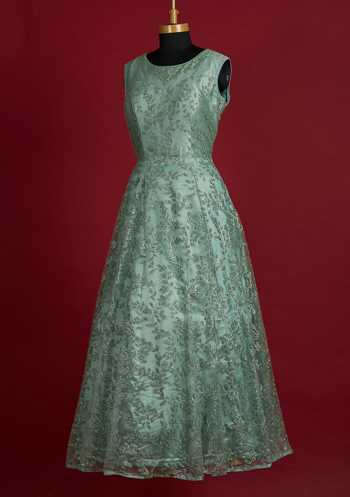 Pista Green Glitter Net Designer Gown - Koskii