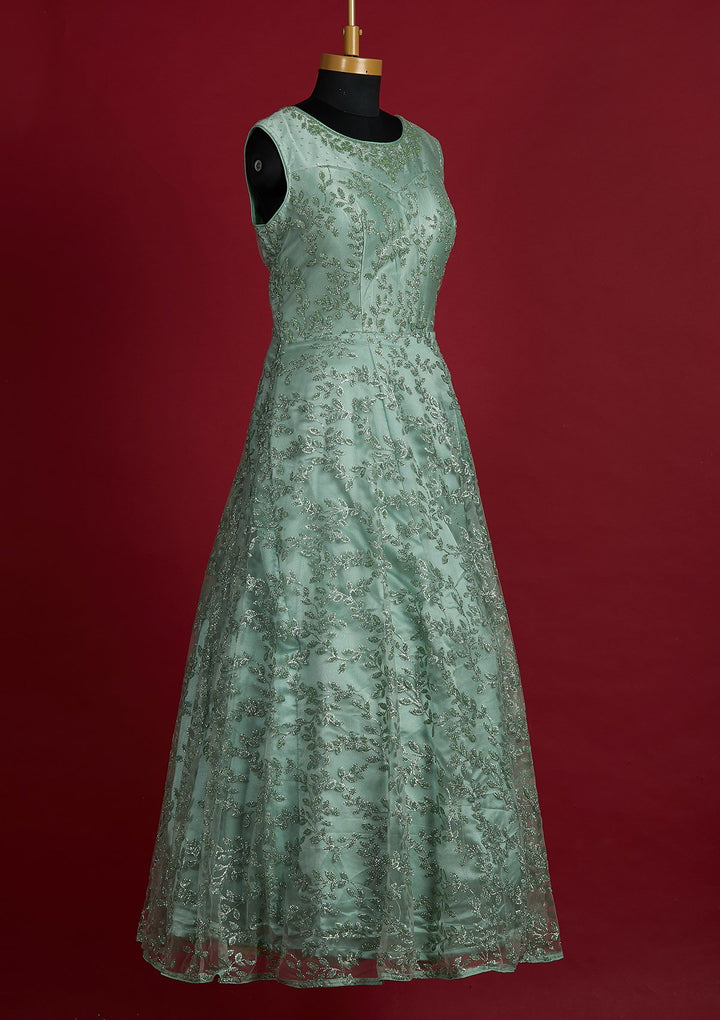 Pista Green Glitter Net Designer Gown - Koskii
