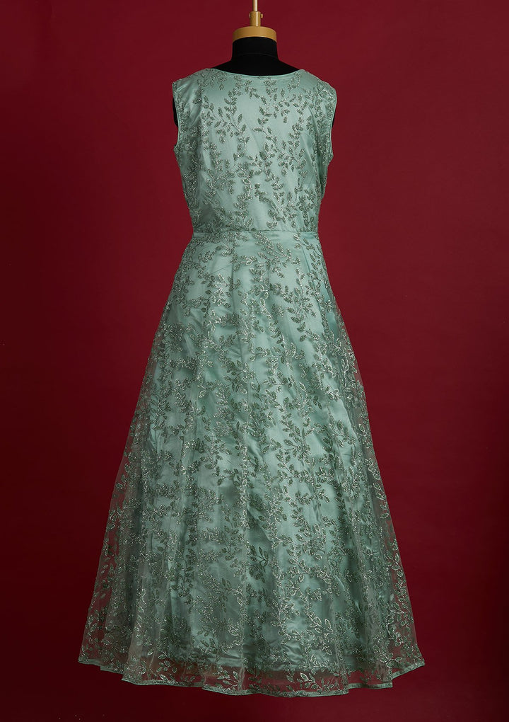 Pista Green Glitter Net Designer Gown - Koskii
