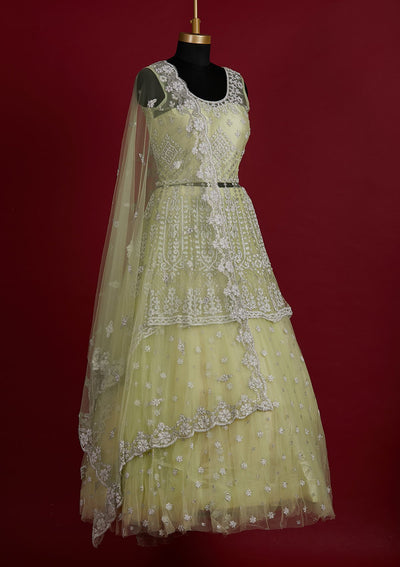 Pista Green Glitter Net Designer Lehenga - Koskii
