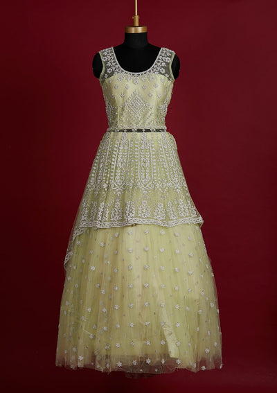 Pista Green Glitter Net Designer Lehenga - Koskii
