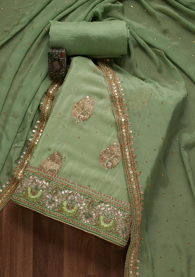 Pista Green Gotapatti Semi Crepe Unstitched Salwar Suit- Koskii