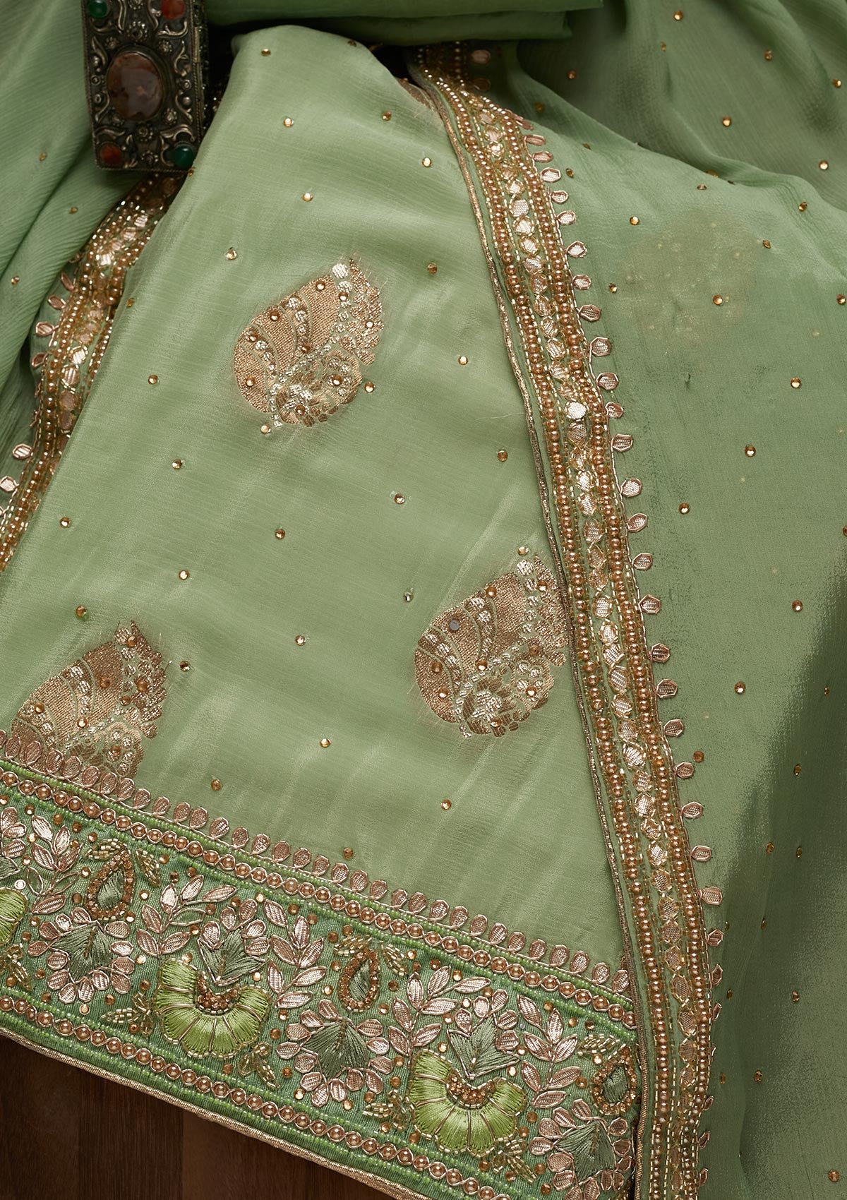 Pista Green Gotapatti Semi Crepe Unstitched Salwar Suit - Koskii