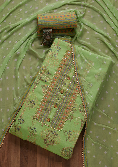 Pista Green Mirrorwork Cotton Unstitched Salwar Suit- Koskii