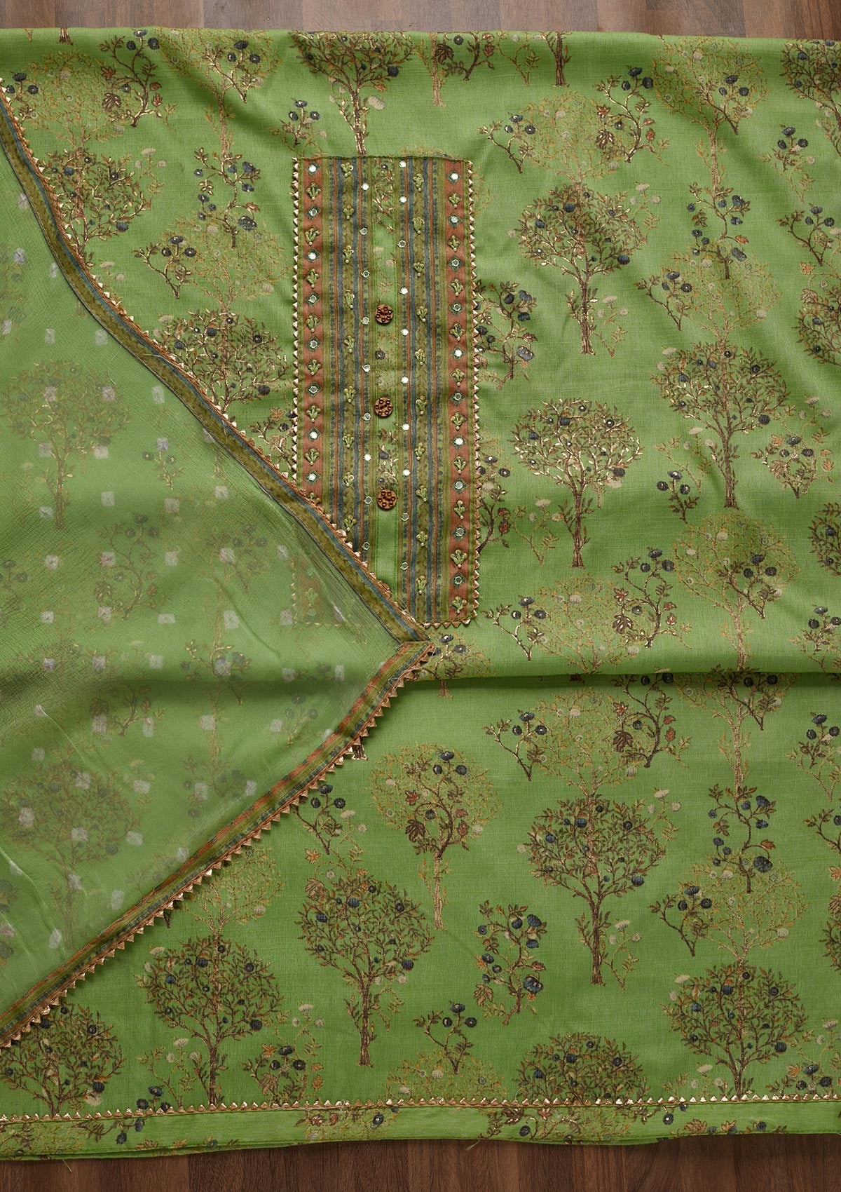 Pista Green Mirrorwork Cotton Unstitched Salwar Suit - Koskii