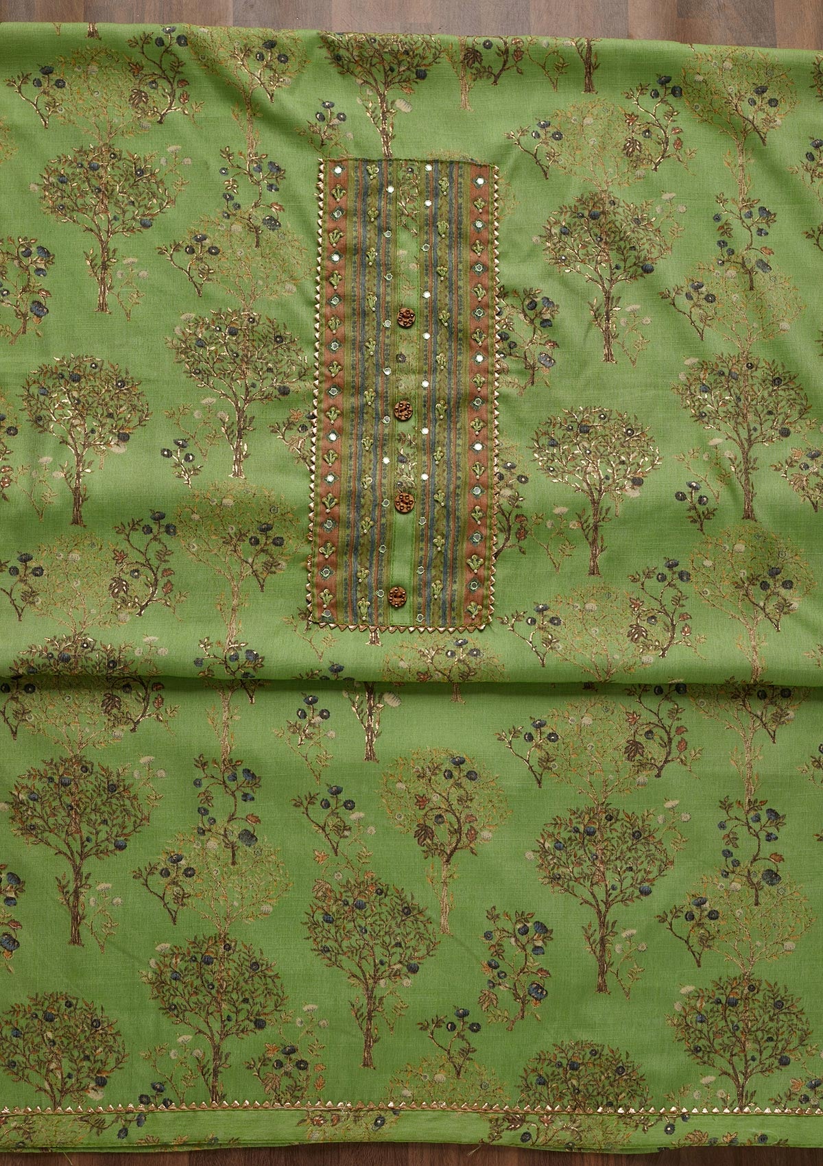 Pista Green Mirrorwork Cotton Unstitched Salwar Suit - Koskii