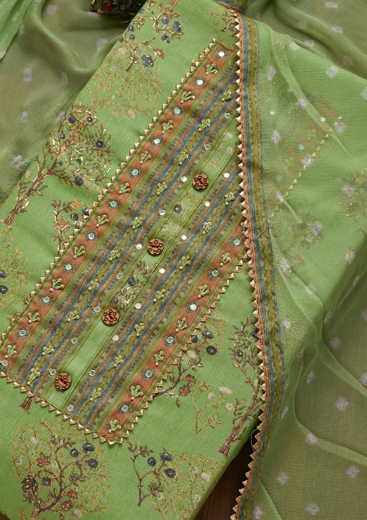 Pista Green Mirrorwork Cotton Unstitched Salwar Suit - Koskii