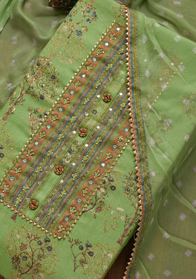 Pista Green Mirrorwork Cotton Unstitched Salwar Suit - Koskii
