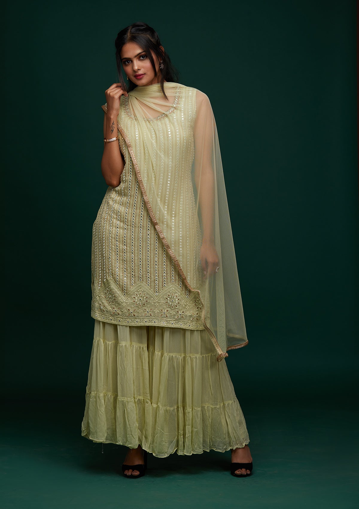 Pista Green Mirrorwork Georgette Designer Salwar Suit - Koskii