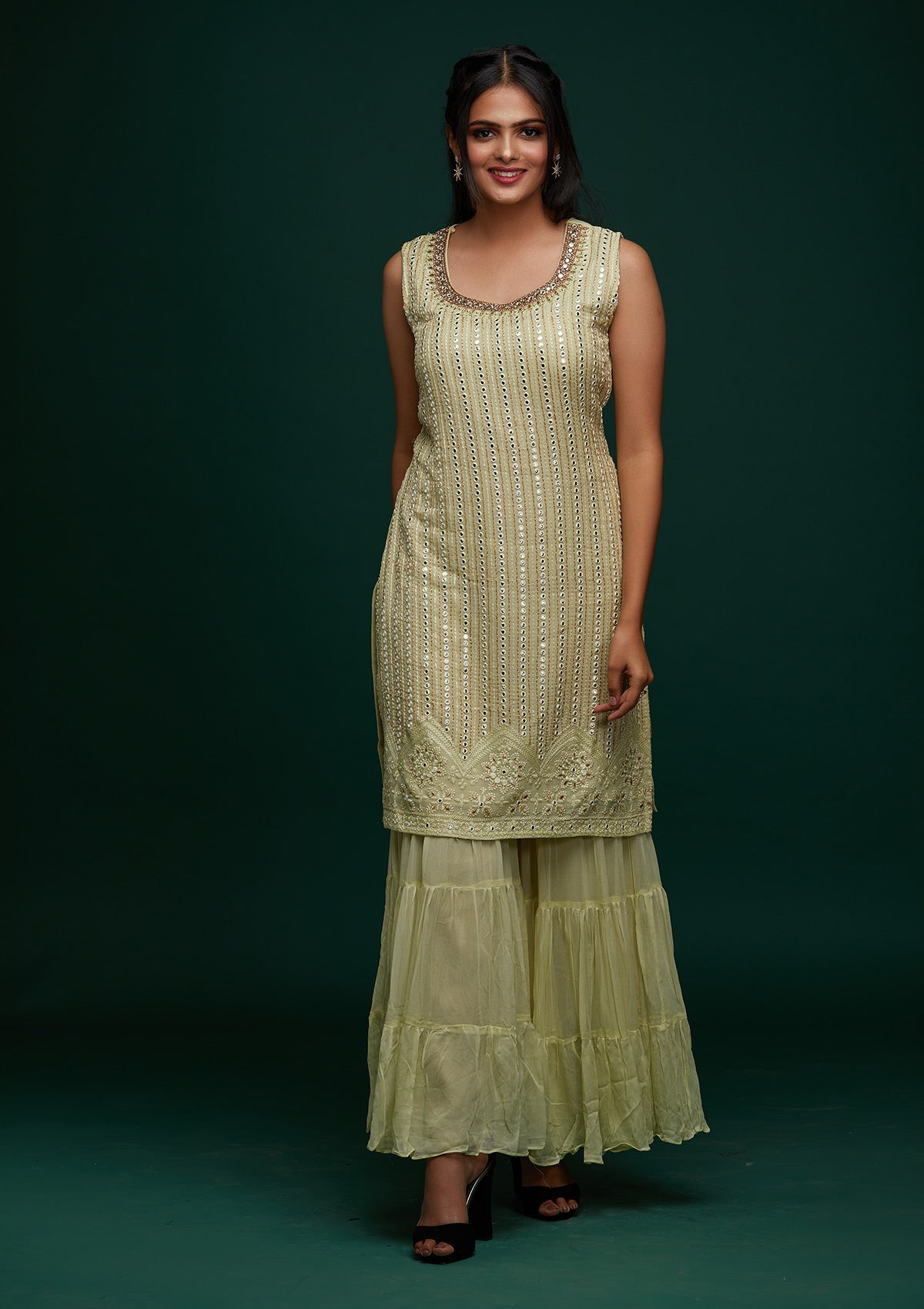 Pista Green Mirrorwork Georgette Designer Salwar Suit - Koskii