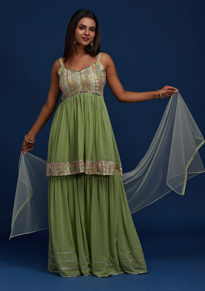 Pista Green Mirrorwork Georgette Designer Salwar Suit - Koskii