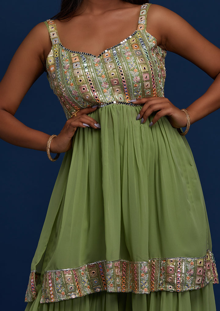 Pista Green Mirrorwork Georgette Designer Salwar Suit - Koskii