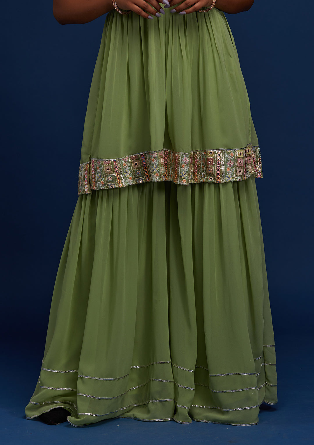 Pista Green Mirrorwork Georgette Designer Salwar Suit - Koskii