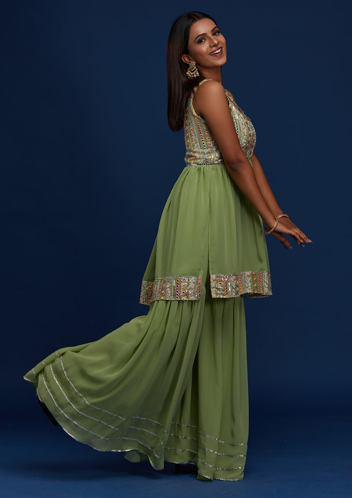 Pista Green Mirrorwork Georgette Designer Salwar Suit - Koskii