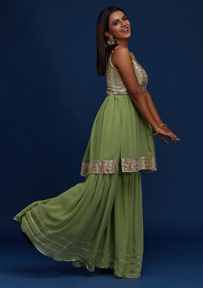 Pista Green Mirrorwork Georgette Designer Salwar Suit - Koskii