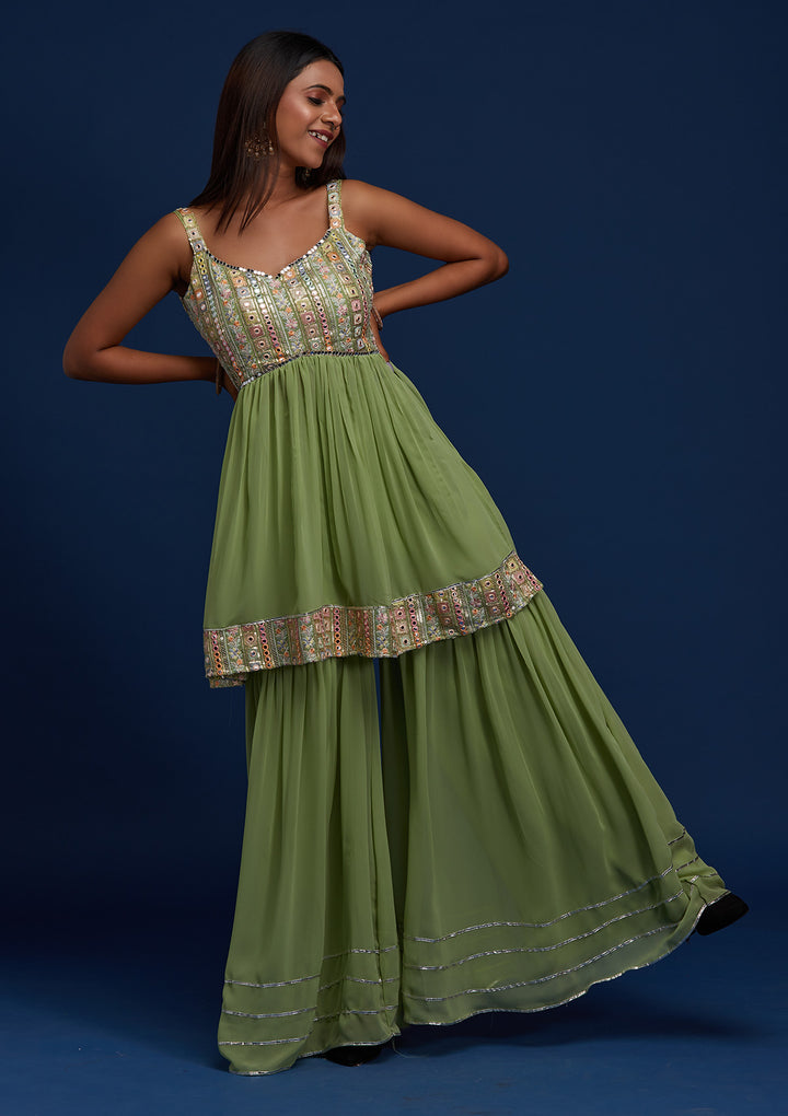 Pista Green Mirrorwork Georgette Designer Salwar Suit - Koskii