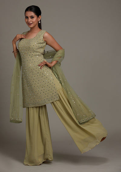 Pista Green Mirrorwork Georgette Salwar Suit-Koskii