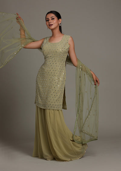 Pista Green Mirrorwork Georgette Salwar Suit-Koskii