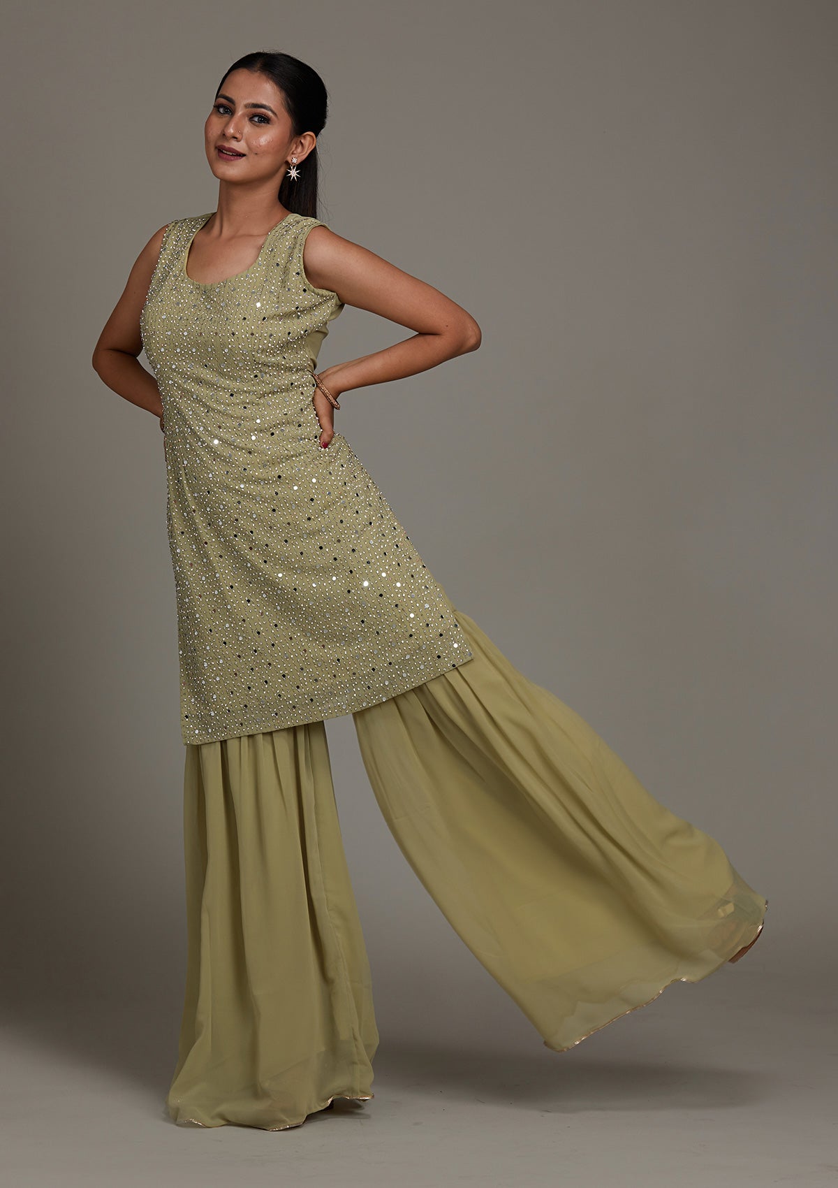 Pista Green Mirrorwork Georgette Salwar Suit-Koskii