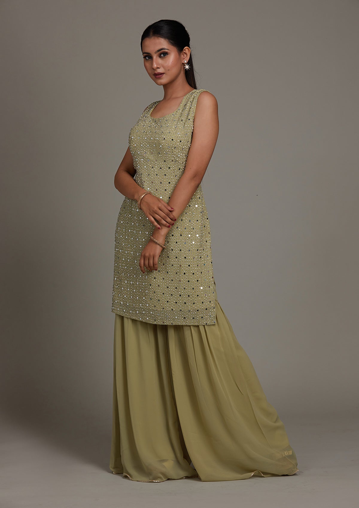Pista Green Mirrorwork Georgette Salwar Suit-Koskii