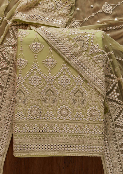 Pista Green Mirrorwork Georgette Designer Unstitched Salwar Suit - koskii