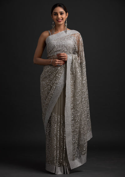 Pista Green Silver Zariwork Net Designer Saree - koskii