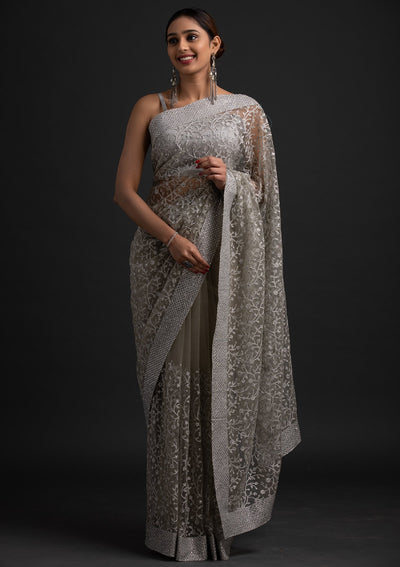 Pista Green Silver Zariwork Net Designer Saree - koskii
