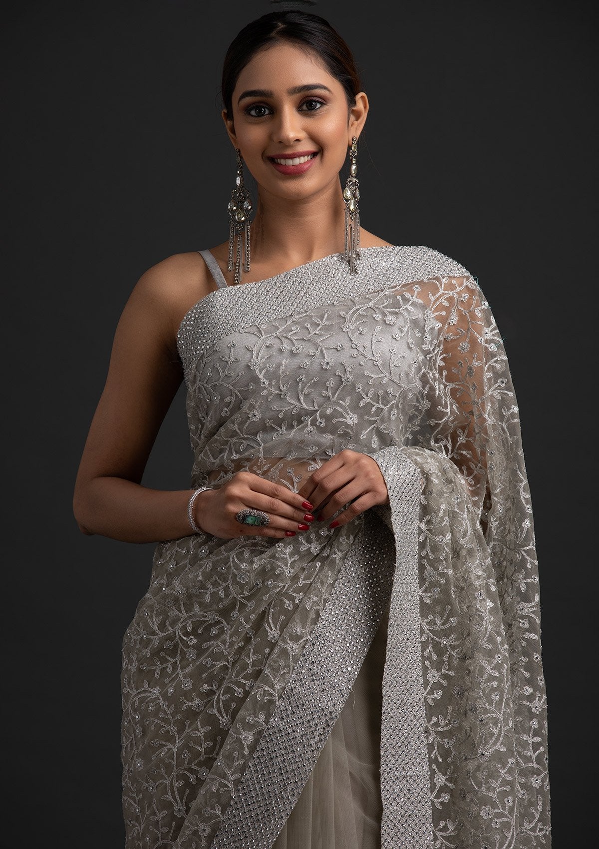 Pista Green Silver Zariwork Net Designer Saree - koskii