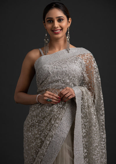 Pista Green Silver Zariwork Net Designer Saree - koskii