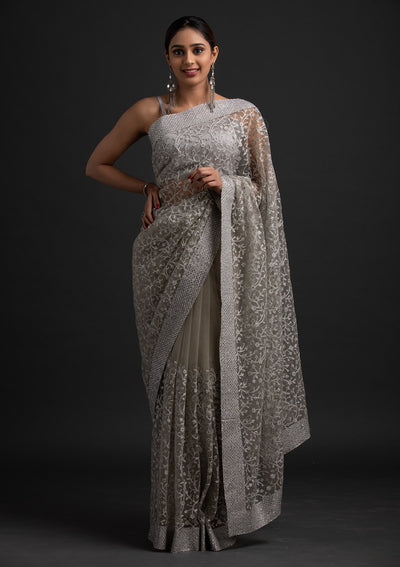 Pista Green Silver Zariwork Net Designer Saree - koskii