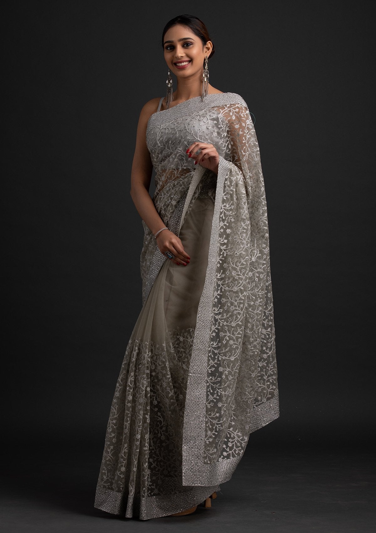 Pista Green Silver Zariwork Net Designer Saree - koskii