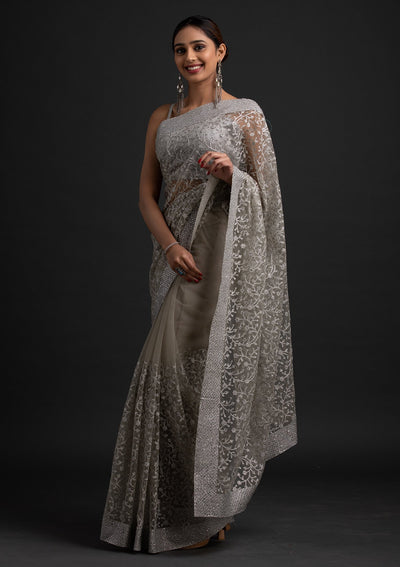Pista Green Silver Zariwork Net Designer Saree - koskii