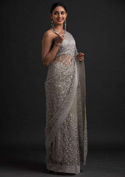 Pista Green Silver Zariwork Net Designer Saree - koskii
