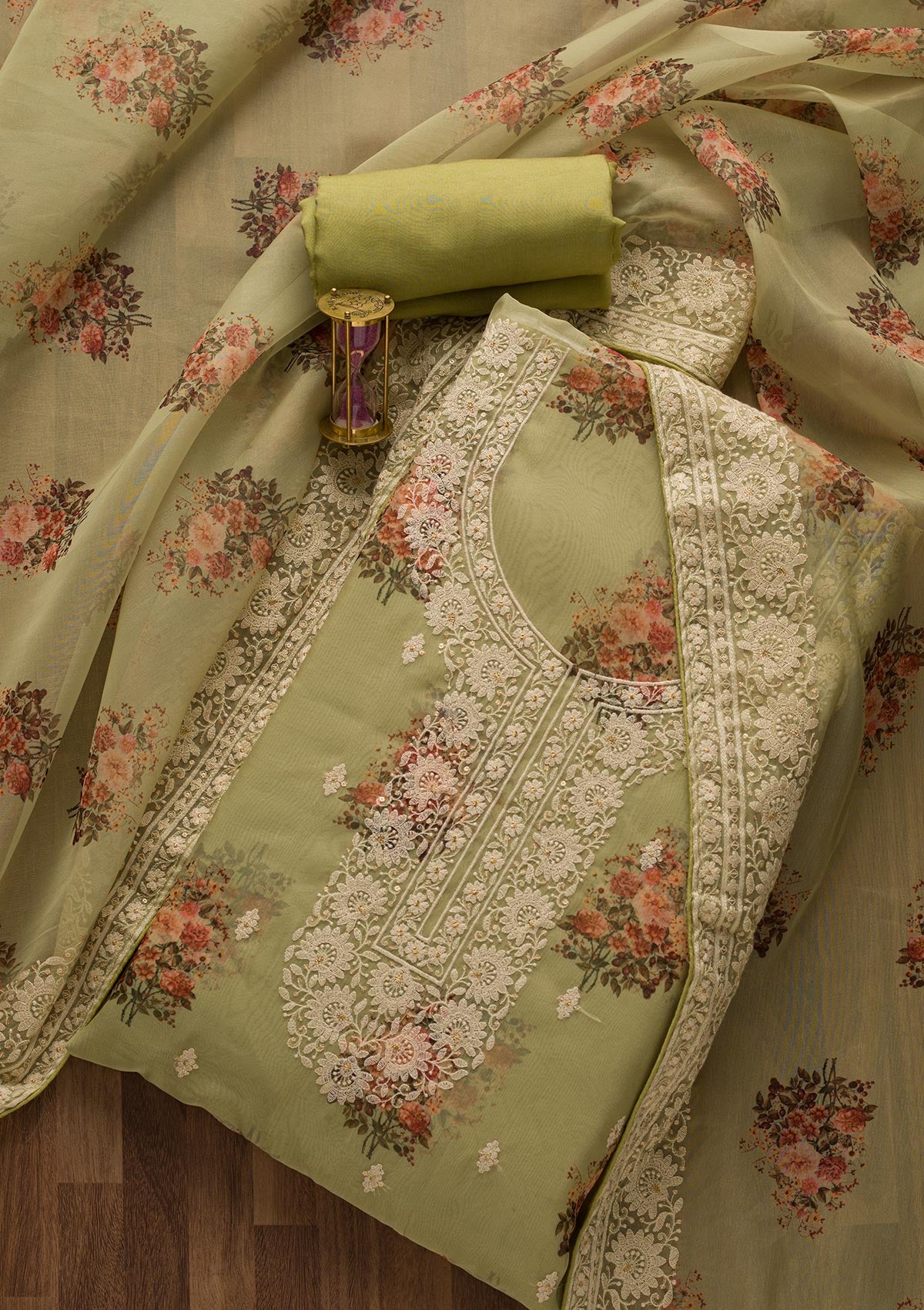 Pista Green Print Georgette Unstitched Salwar Suit-Koskii