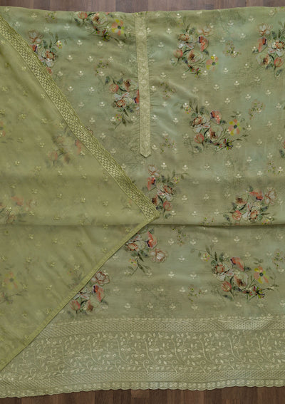 Pista Green Printed Tissue Unstitched Salwar Suit-Koskii