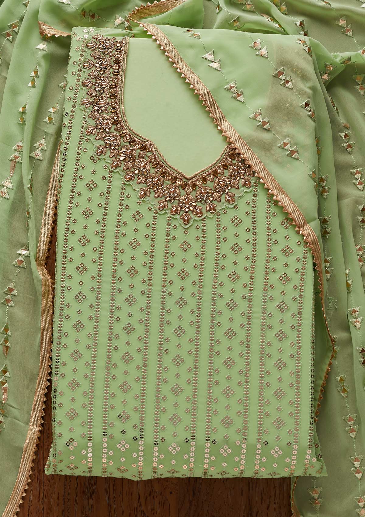 Pista Green Sequins Georgette Designer Unstitched Salwar Suit - koskii