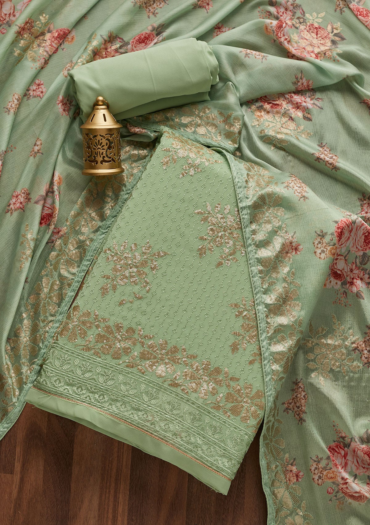 Pista Green Sequins Georgette Designer Unstitched Salwar Suit - Koskii