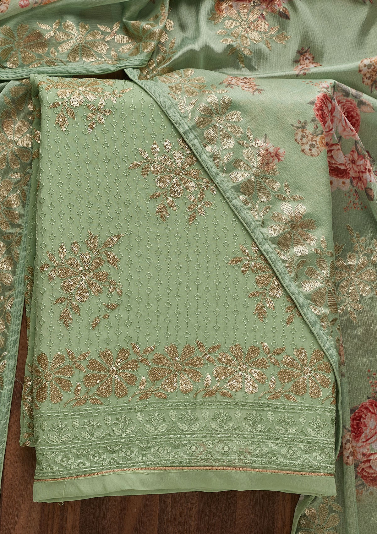 Pista Green Sequins Georgette Designer Unstitched Salwar Suit - Koskii