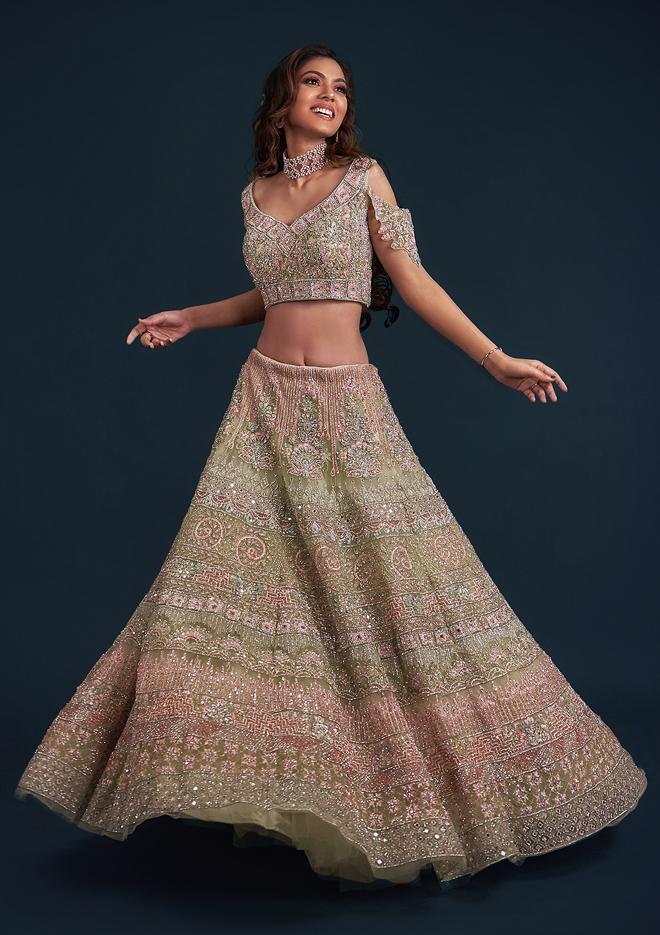 Pista Green Sequins Net Designer Lehenga - koskii