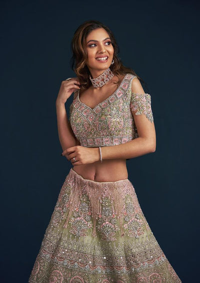 Pista Green Sequins Net Designer Lehenga - koskii