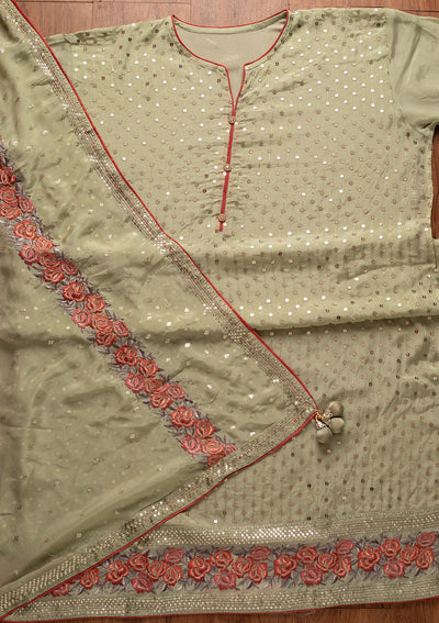 Pista Green Sequins Semi Crepe Designer Semi-Stitched Salwar Suit - koskii