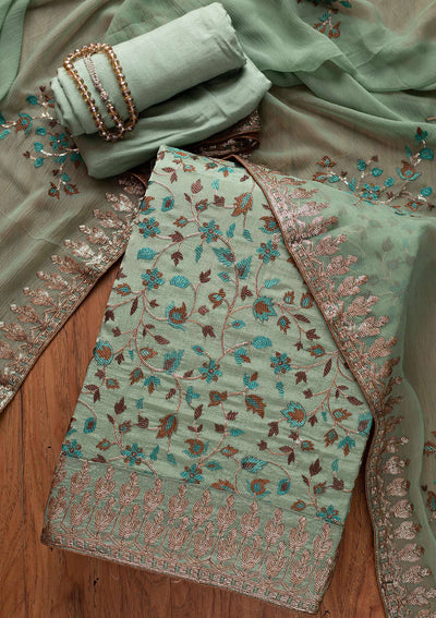 Pista Green Sequins Semi Crepe Designer Unstitched Salwar Suit - koskii