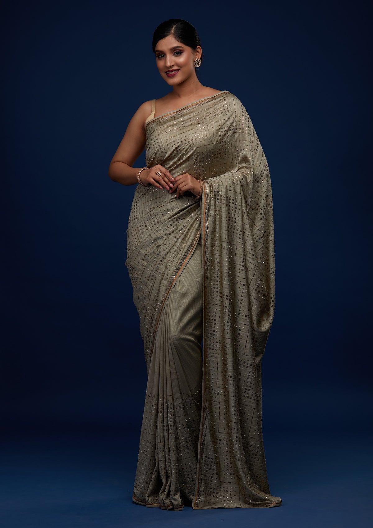 Pista Green Sequins Semi Crepe Designer Saree - Koskii