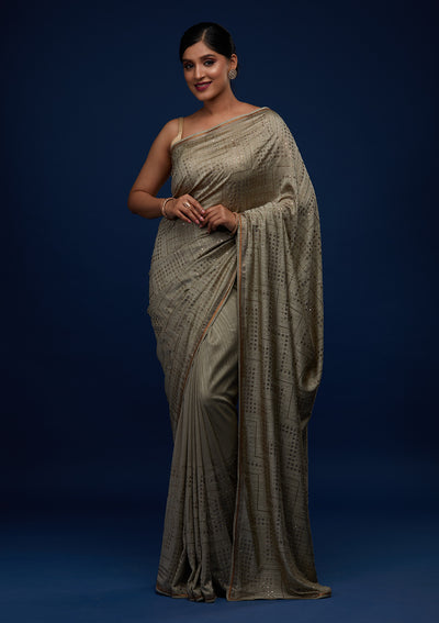 Pista Green Sequins Semi Crepe Designer Saree - Koskii