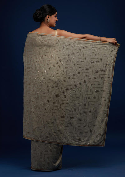 Pista Green Sequins Semi Crepe Designer Saree - Koskii