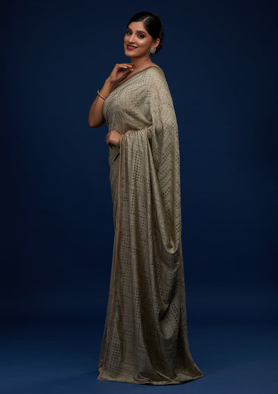 Pista Green Sequins Semi Crepe Designer Saree - Koskii