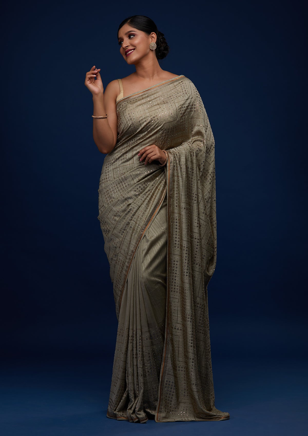 Pista Green Sequins Semi Crepe Designer Saree - Koskii