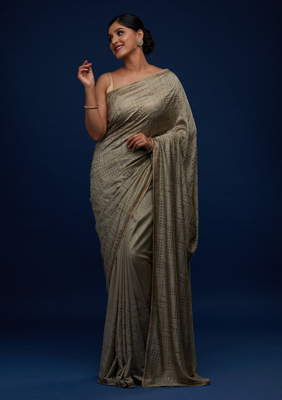 Pista Green Sequins Semi Crepe Designer Saree - Koskii